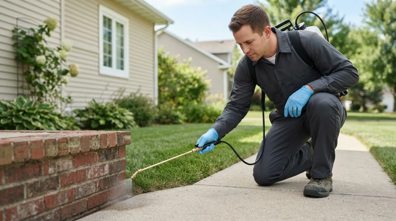 Pest control technician treating a home near Cushing, WI