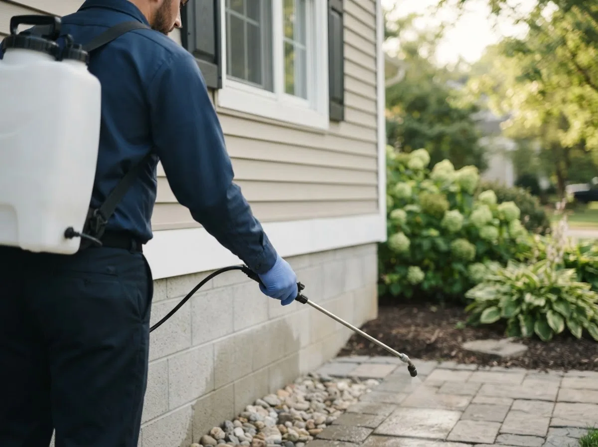 Pest control technician inspecting a home in Cushing, WI